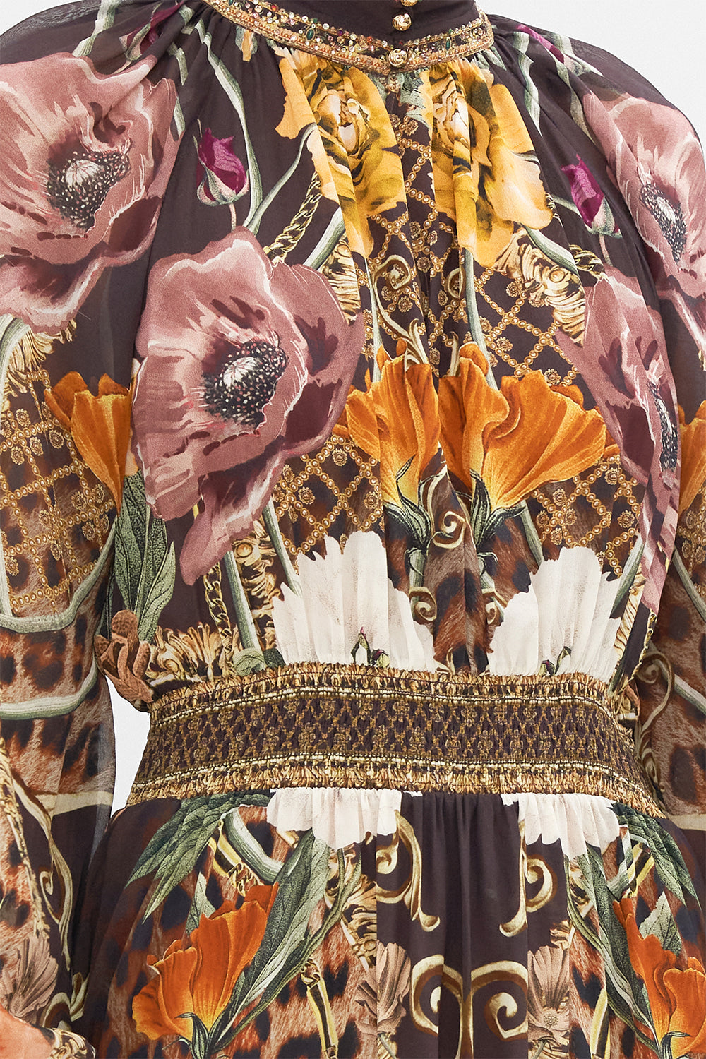 Detail view of model wearing CAMILLA brown floral silk mini dress in Wave Your Wand