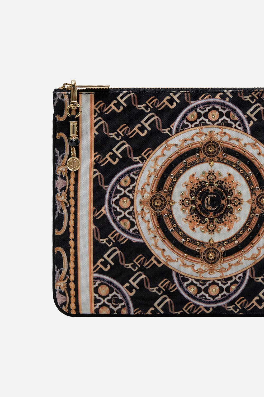 Detail view of CAMILLA clutch bag in Tether Me Not print