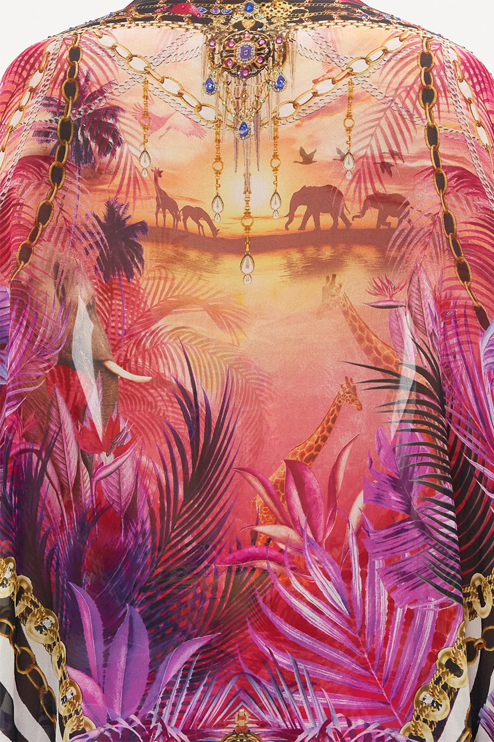 Detail view of model wearing CAMILLA silk shrug in mulitcoloured Wild Loving print