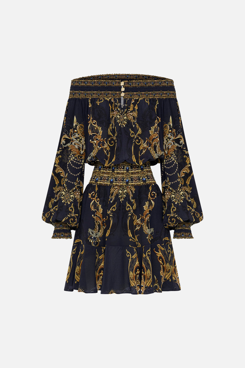 Front product view of CAMILLA off the shoulder dress in Moonlight Melodies print