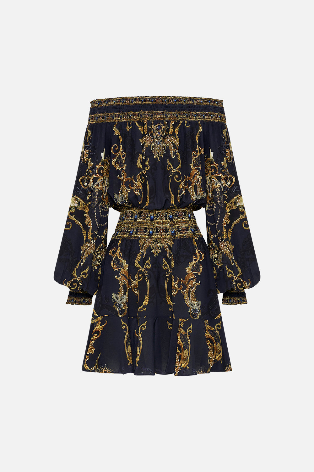 Back product view of CAMILLA off the shoulder dress in Moonlight Melodies print