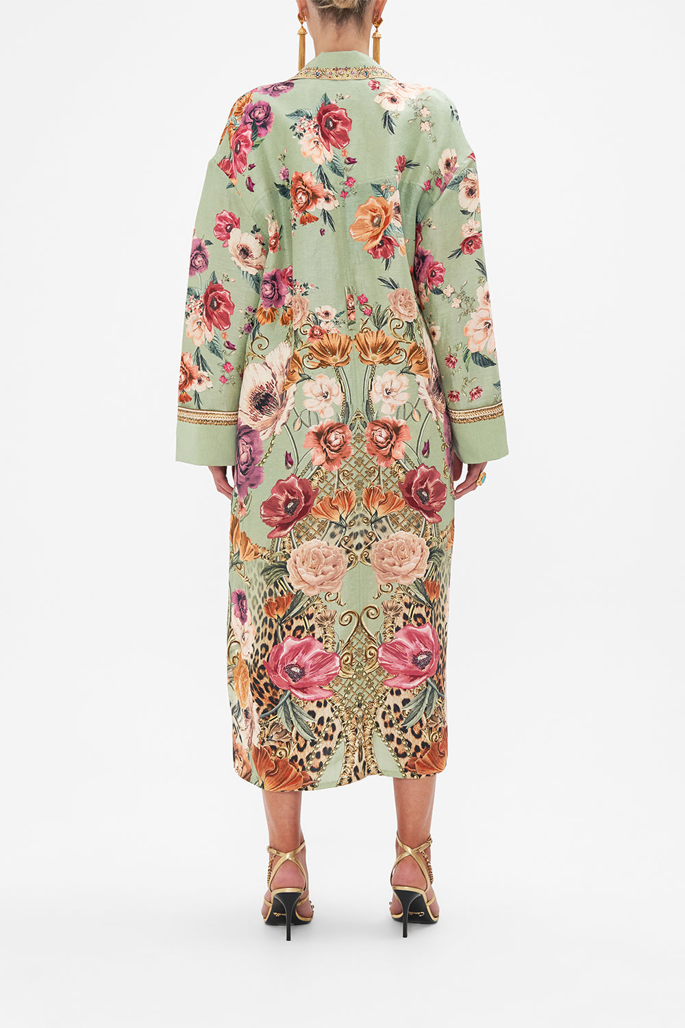 Back view of model wearing CAMILLA silk linen floral jakcet in Grow and Glow print