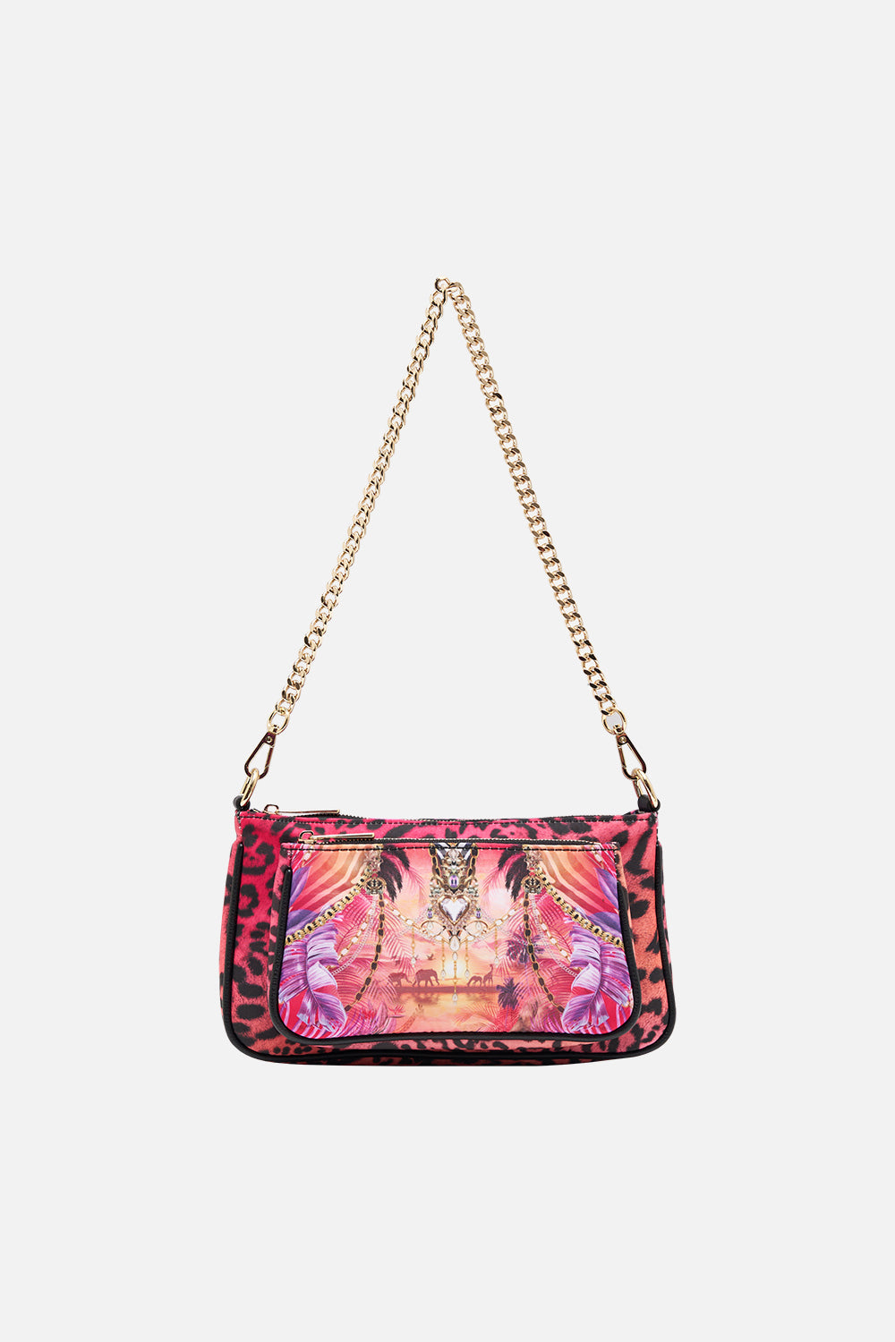 Chain strap view of CAMILLA nylon bag in tropical Wild Loving print