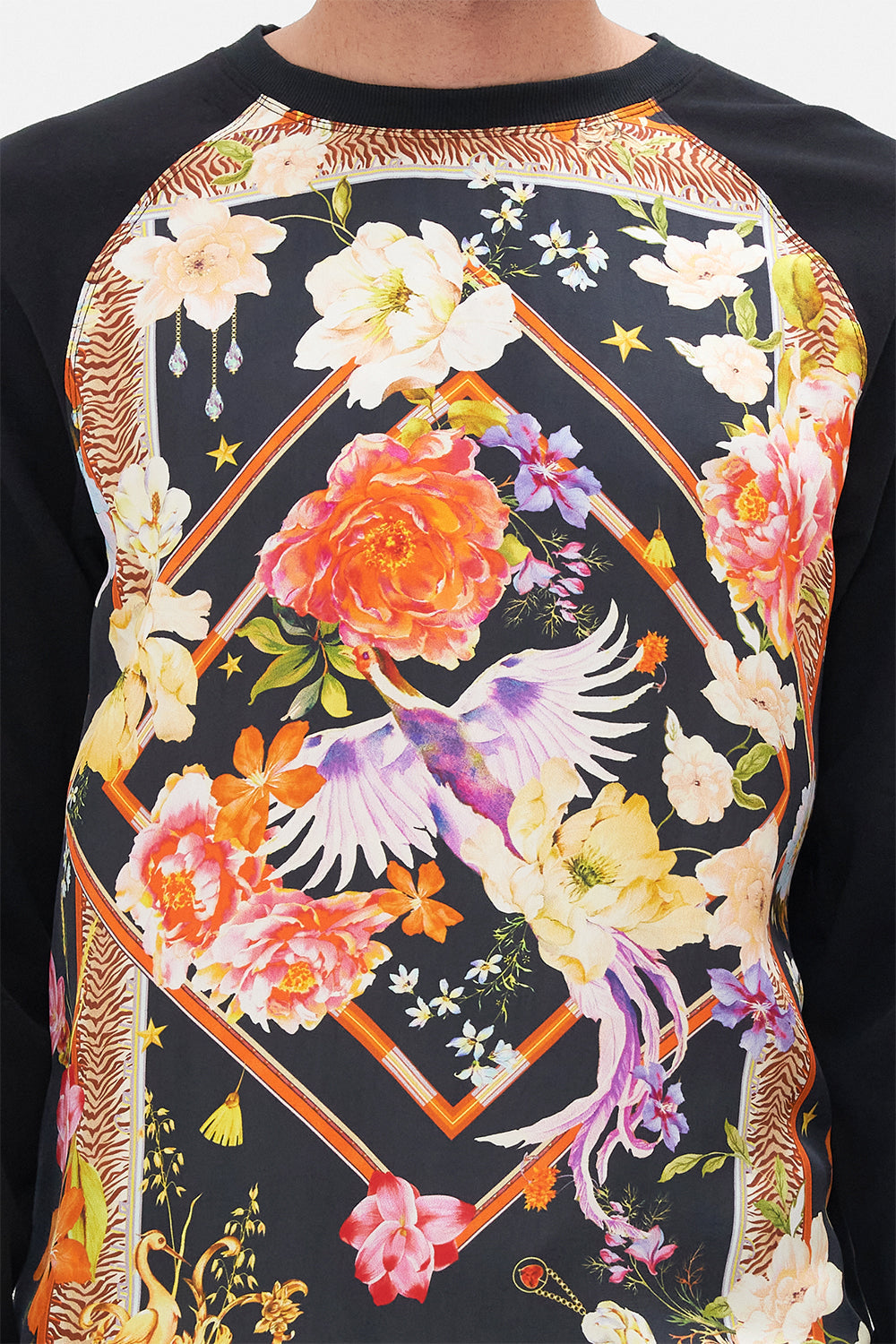 Detail view of model wearing Hotel Franks by CAMILLA silk mens black knit jumper in Secret History floral print