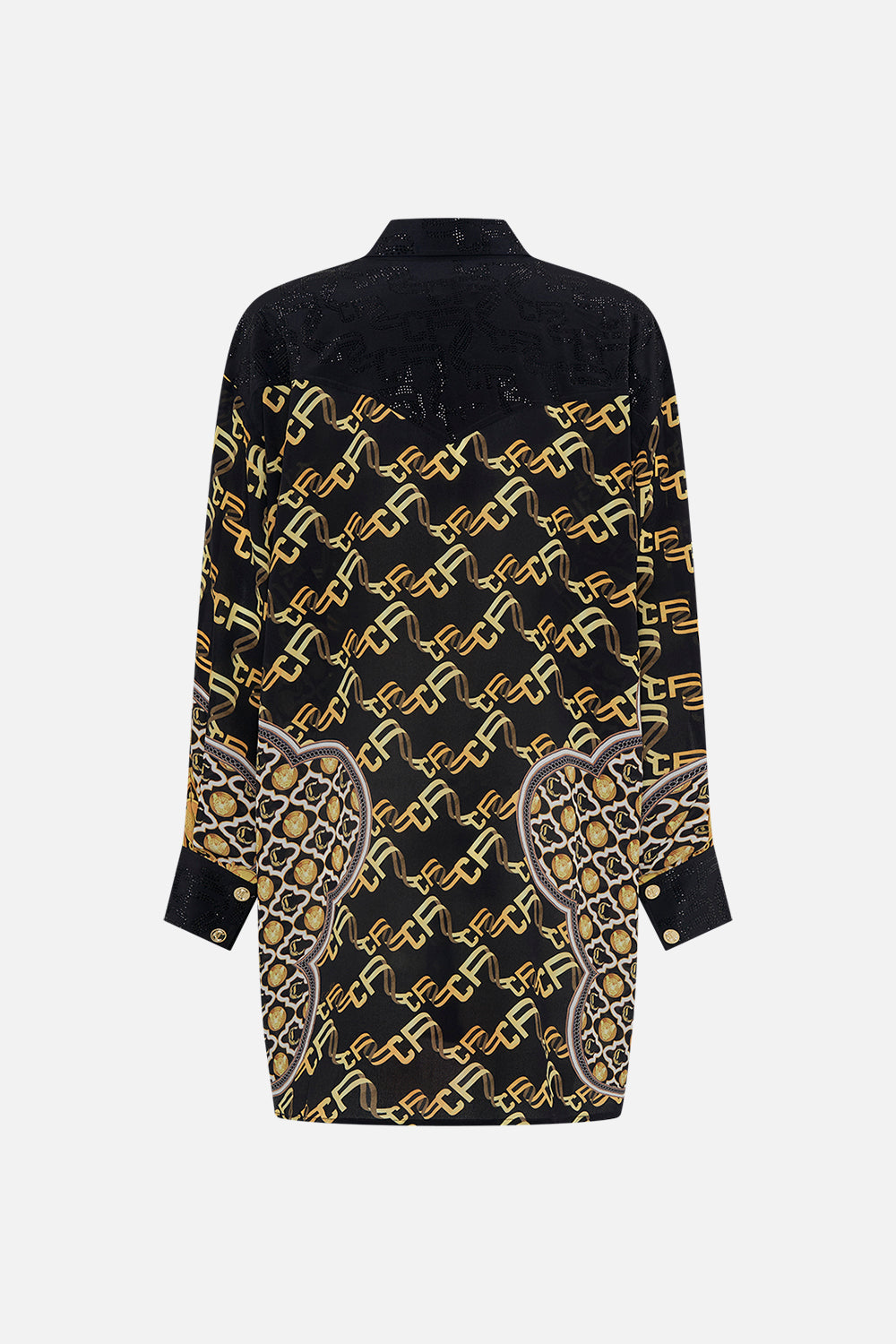back product view of CAMILLA black silk button down shirt in Tether Me Not print