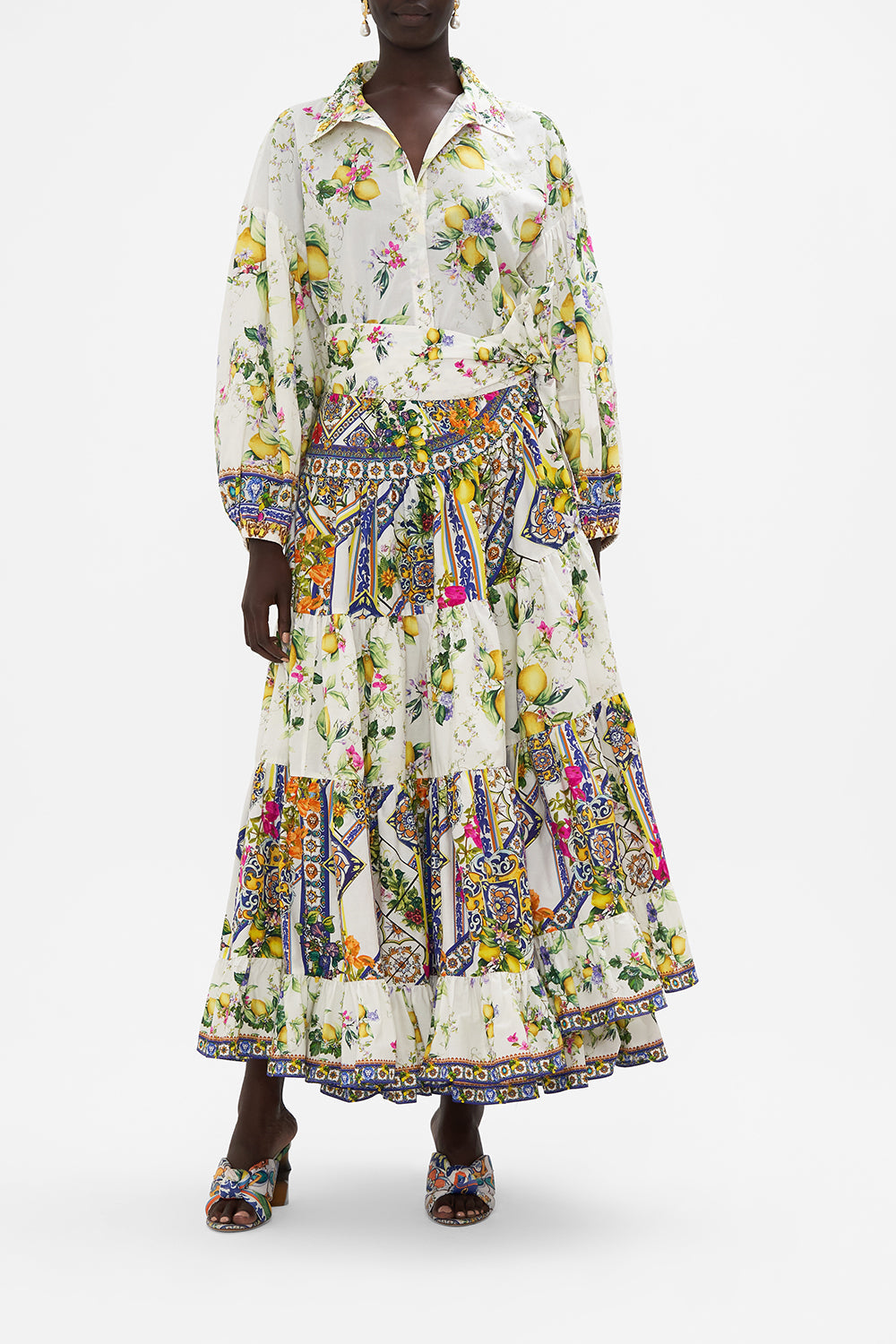 Front view of model wearing CAMILLA balloon sleeve blouse in Caterina Spritz print