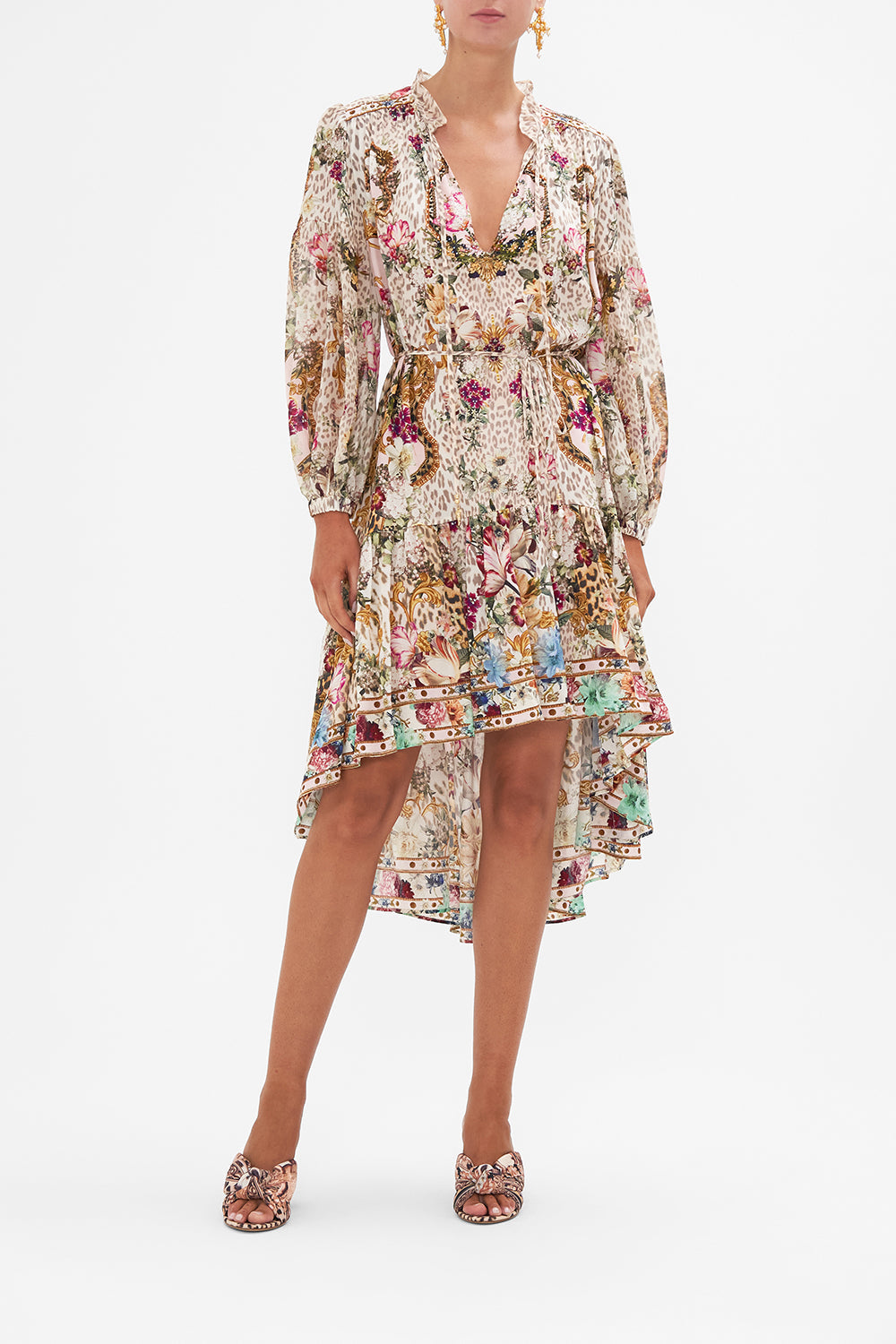 Front view of model wearing CAMILLA pink floral silk dress in Bambino Bliss print