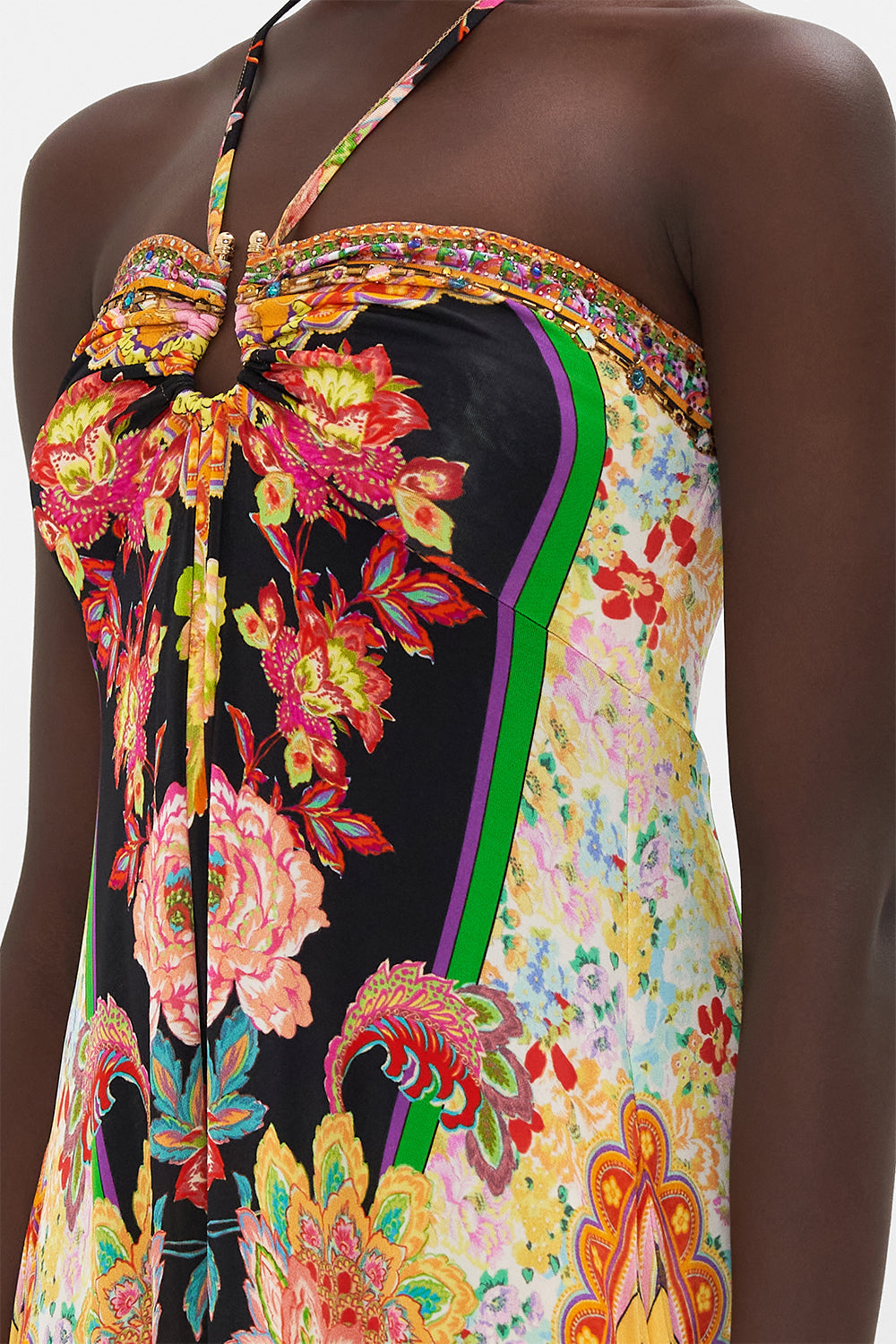 Detail view of model wearing CAMILLA printed jumpsuit in Sundowners in Sicily print