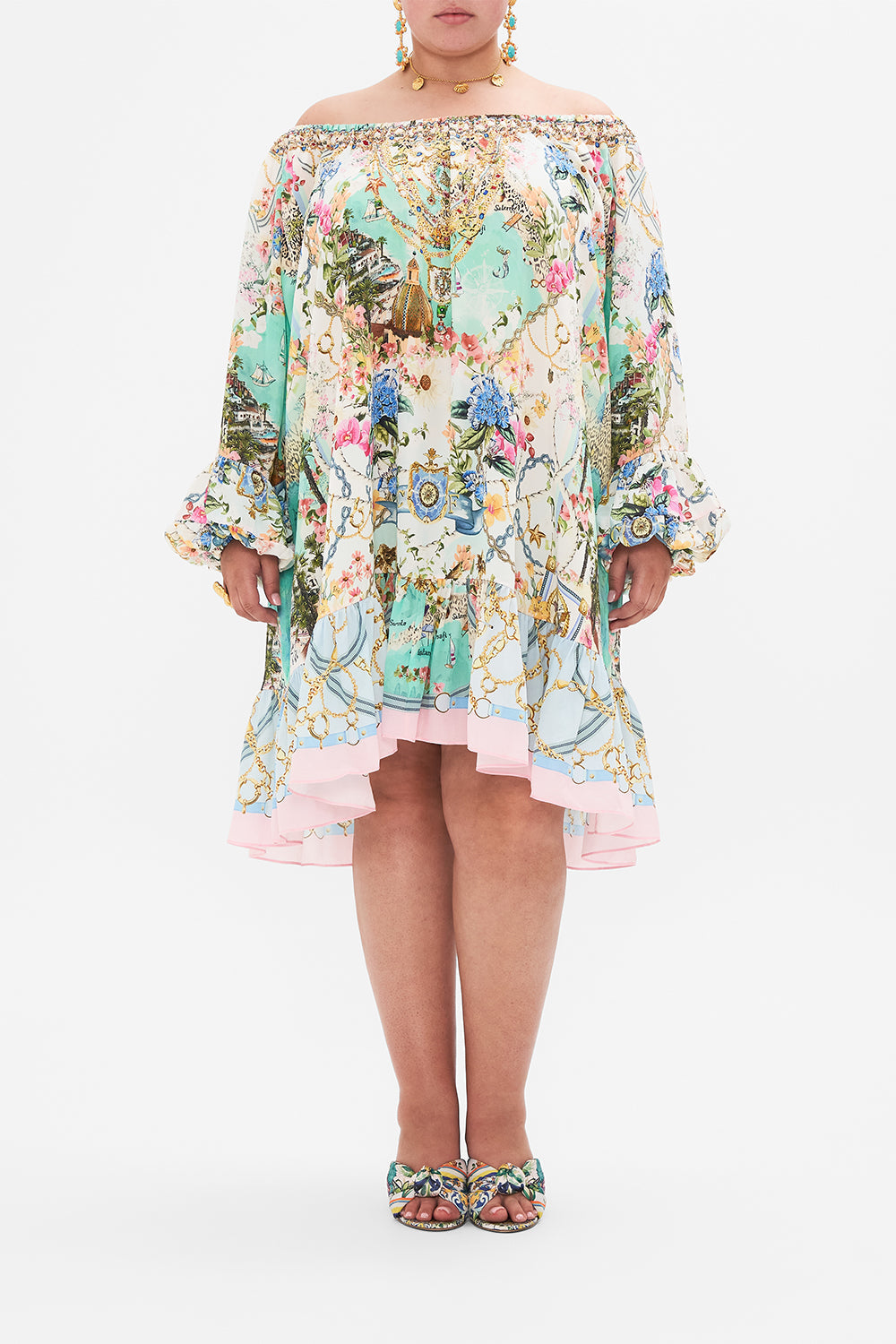 Front view of curvy model wearing CAMILLA plus size silk dress in Amalfi Lullaby print