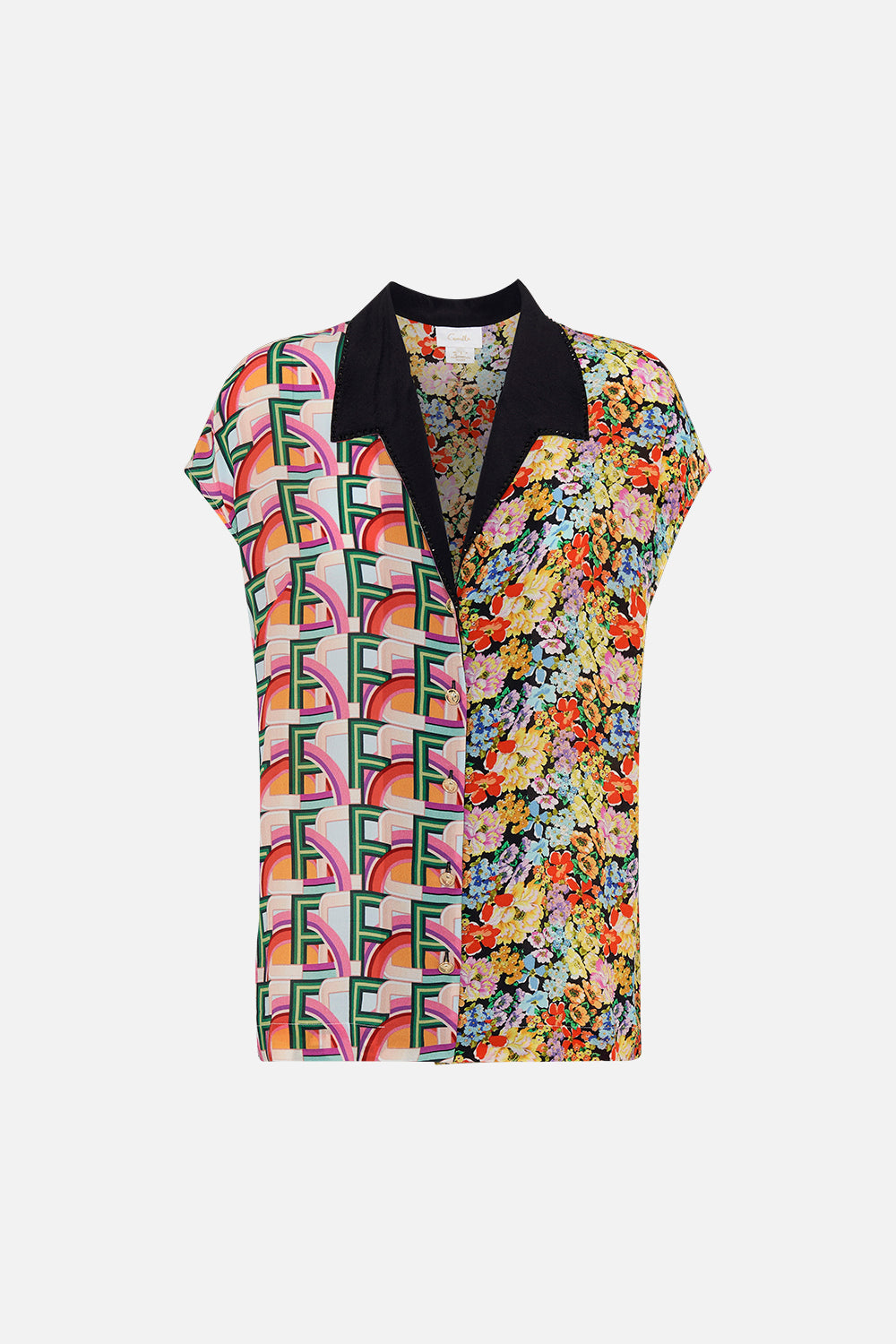 Product view of CAMILLA silk collared top in Sundowners in Sicily print