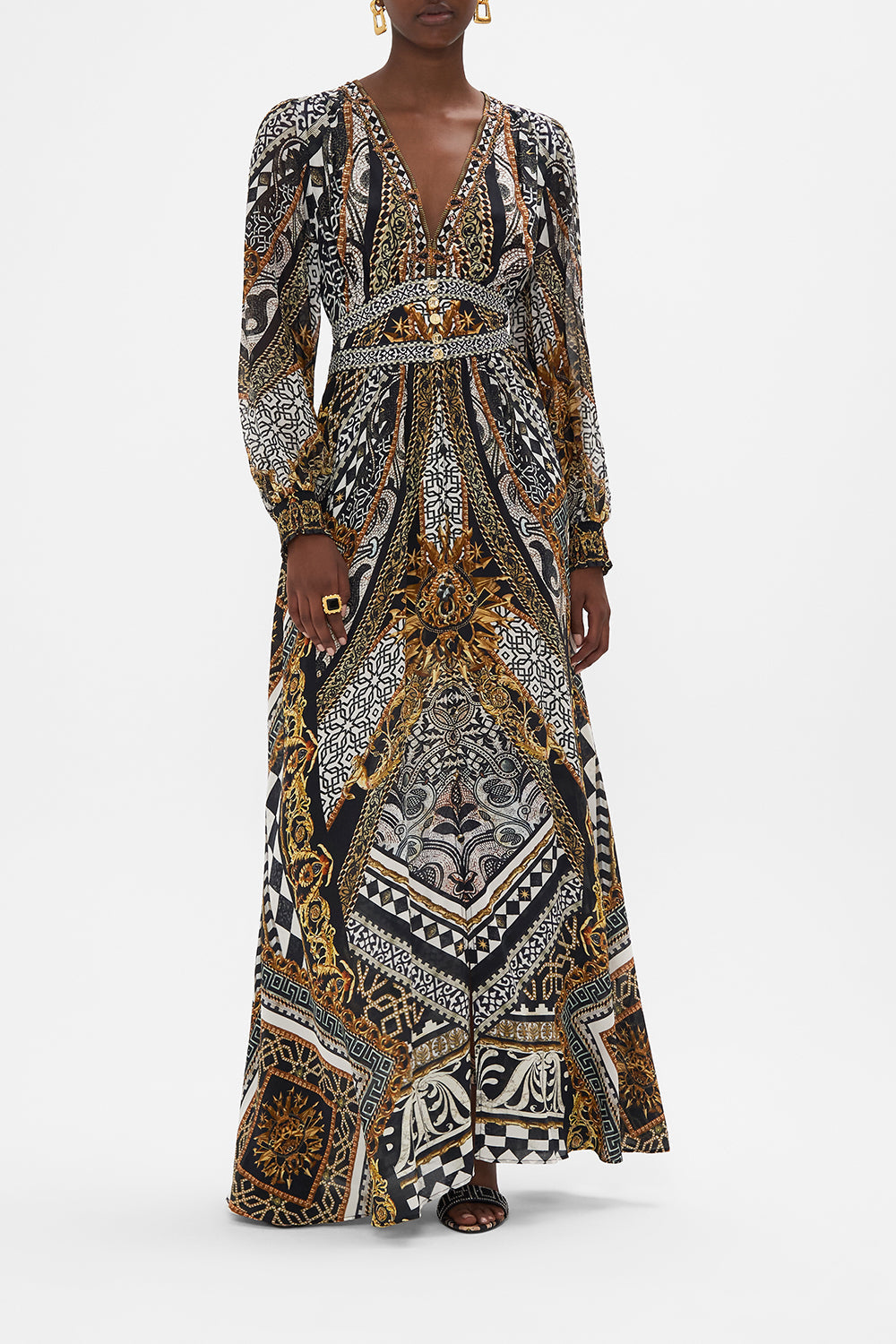 Front view of model wearing CAMILLA silk maxi dress in Look Up Tesoro print