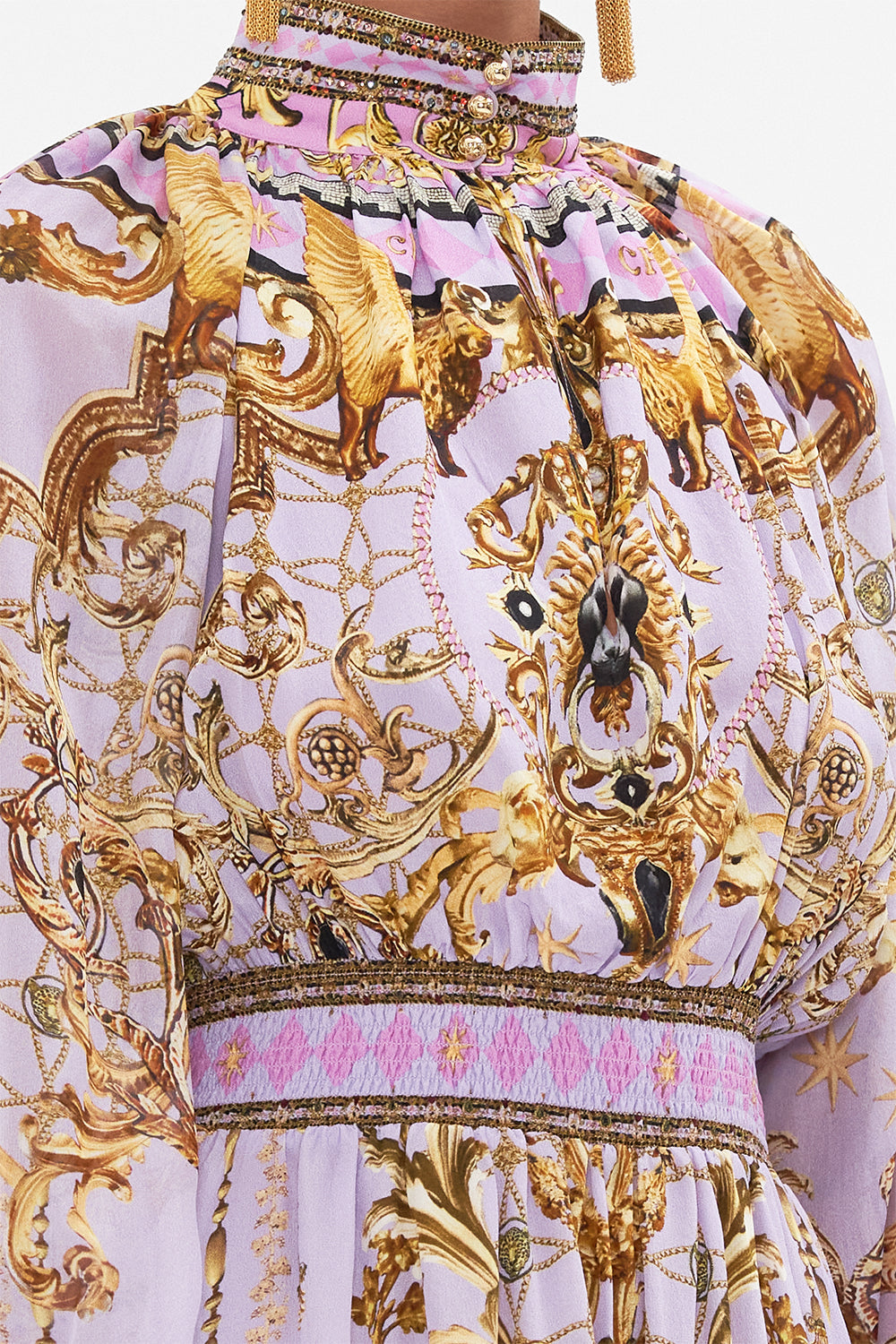 SHIRRED WAIST HIGH NECK MINI DRESS LAVENDER EVER AFTER