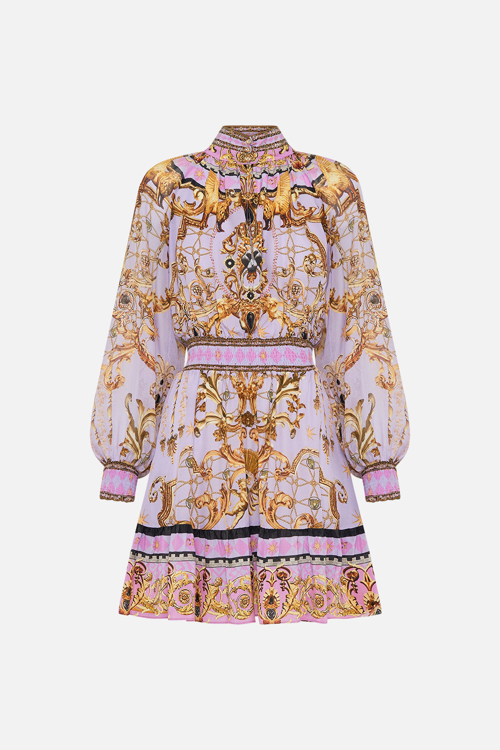 SHIRRED WAIST HIGH NECK MINI DRESS LAVENDER EVER AFTER