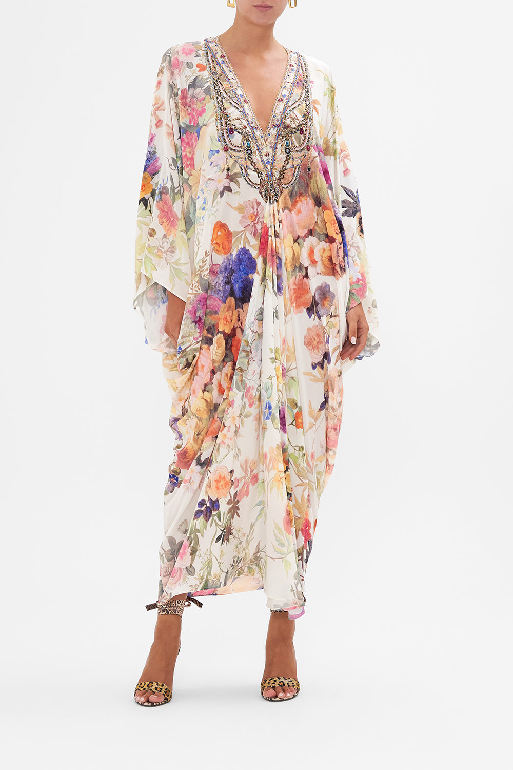 Front view of model wearing CAMILLA long silk kaftan in Friends With Frescos print