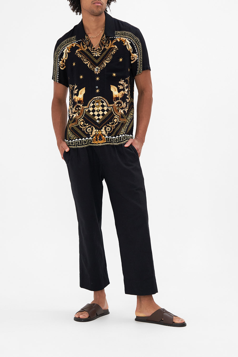 Front view of model wearing Hotel Franks by CAMILLA mens shirt in Duomo Dynasty print