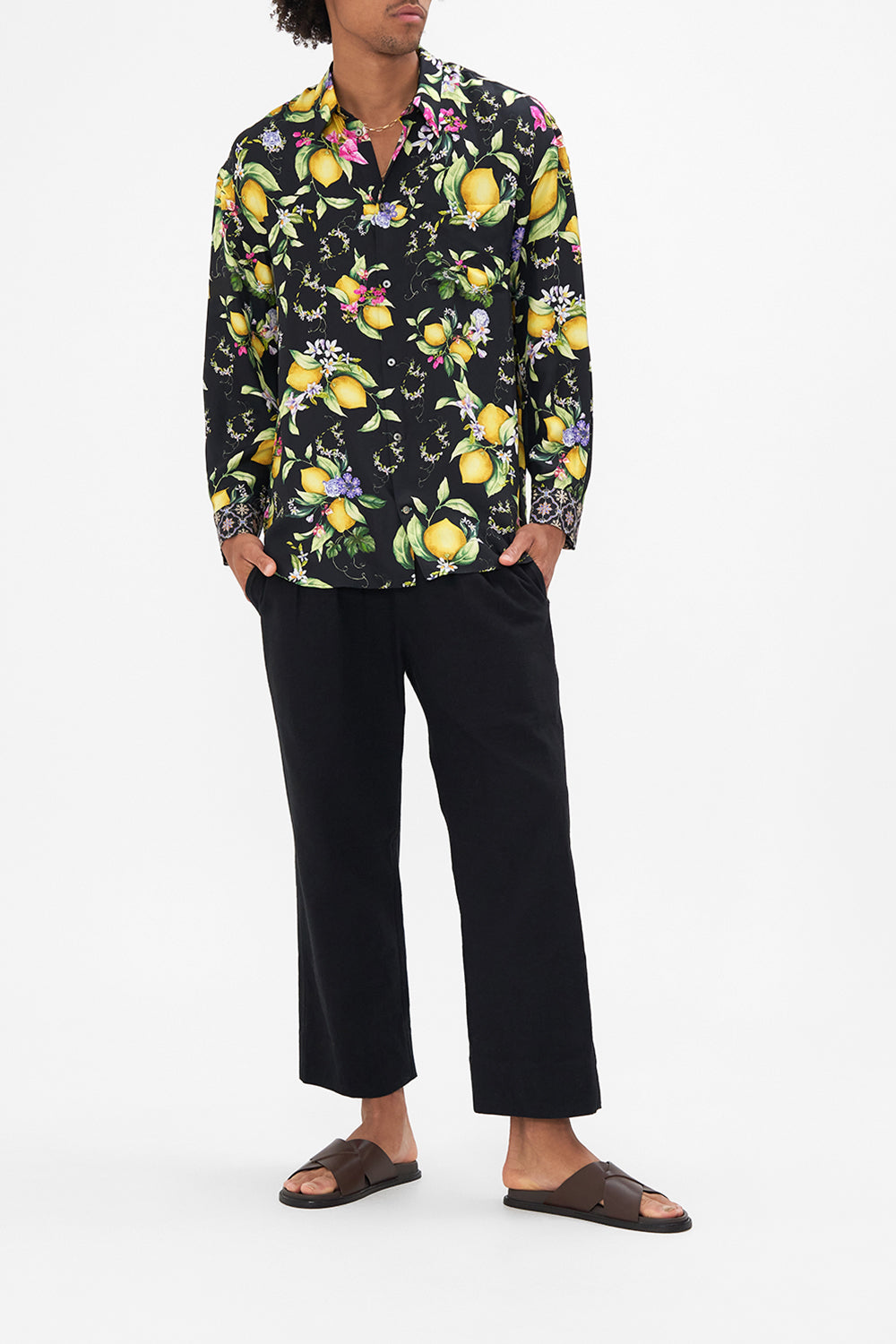 Front view of model wearing HOTEL FRANKS BY CAMILLA mens floral oversized shirt in Meet Me In Marchesa print