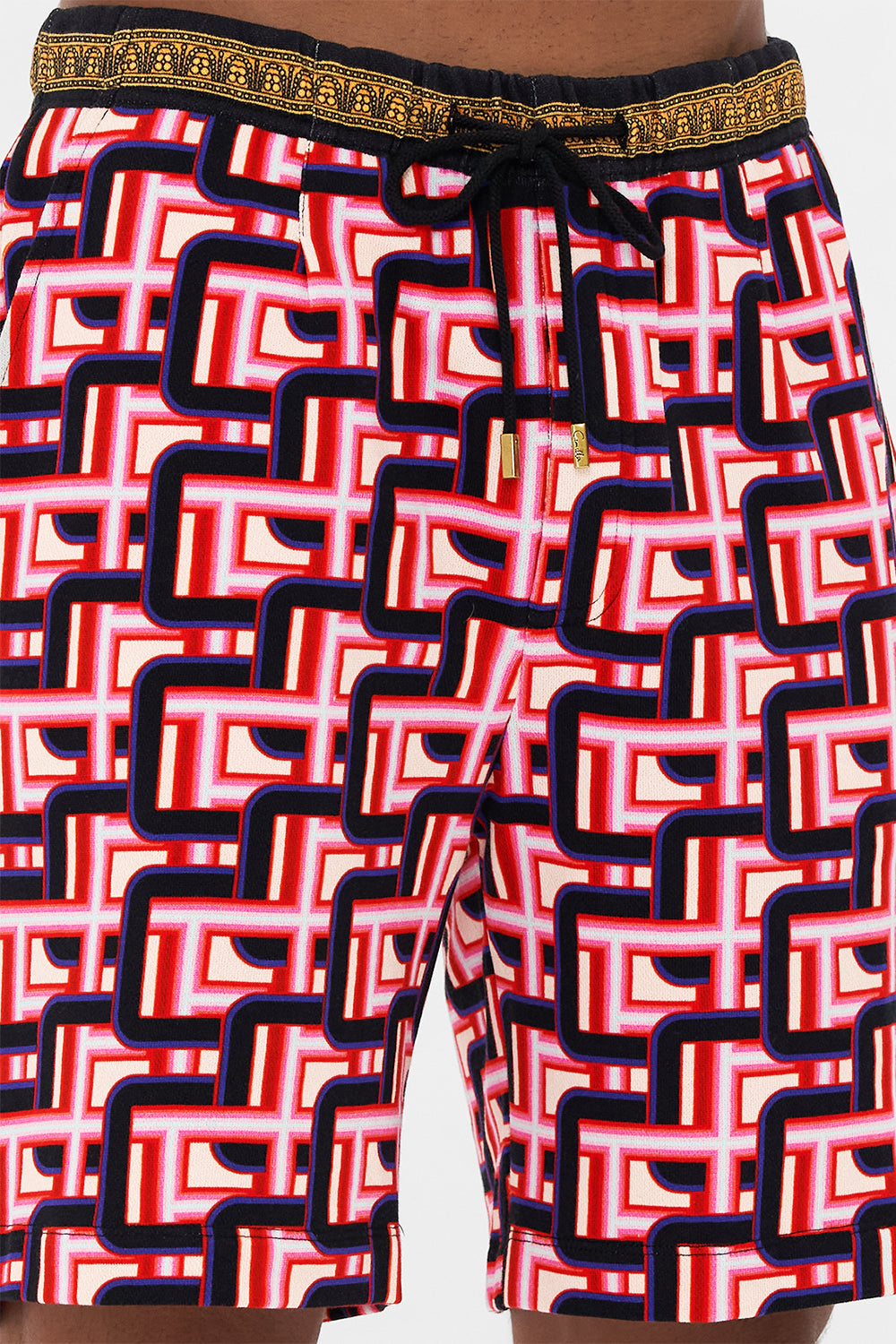 Detailview of model wearing HOTEL FRANKS BY CAMILLA mens track short in Rome Retro print