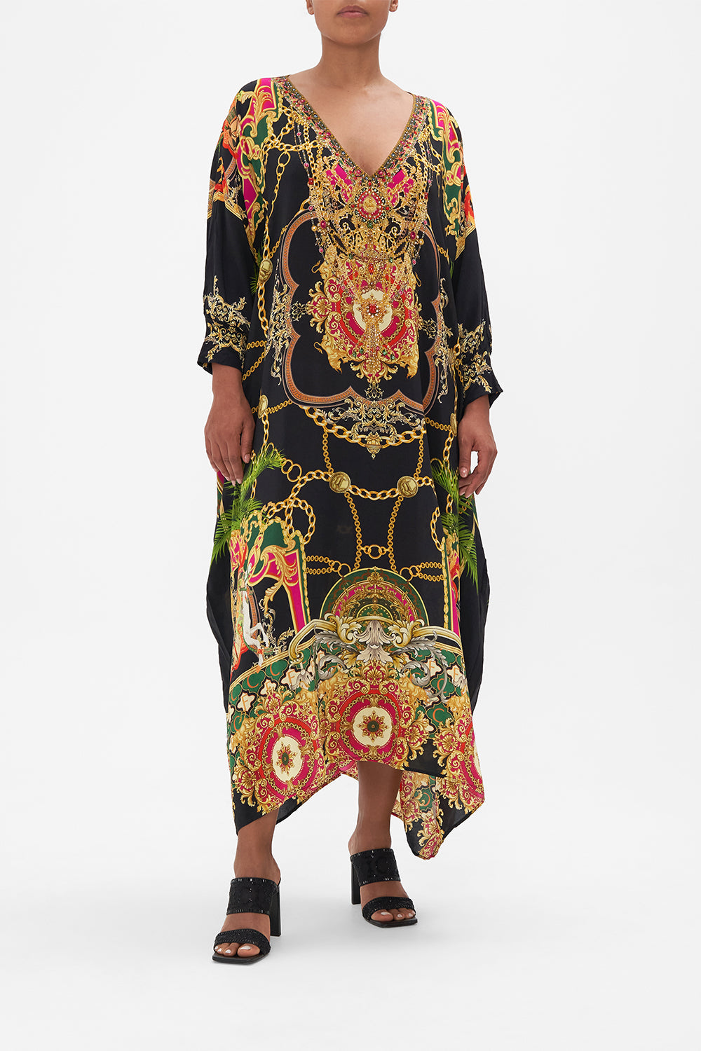 Front view of model wearing CAMILLA silk kaftan in Jealousy And Jewels print