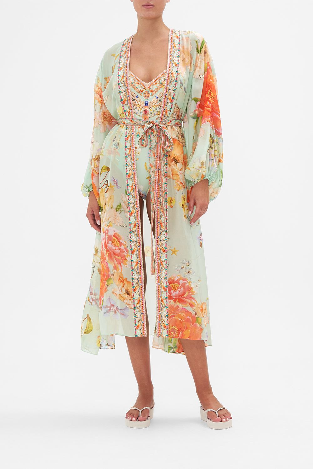 Front view of model wearing CAMILLA silk kimono in Talk The Walk print