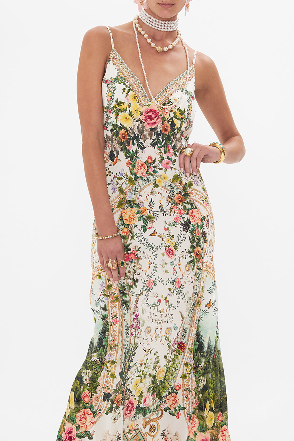 Crop view of model wearing CAMILLA silk bias slip dress in Renaissance Romance print