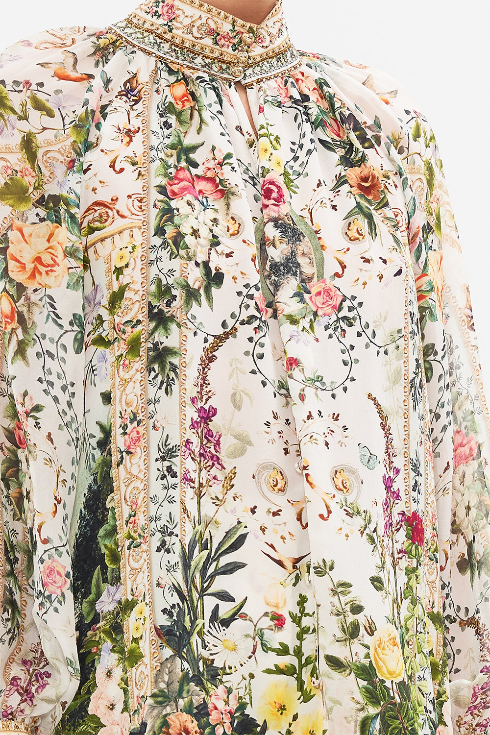 Detail view of model wearing CAMILLA womens silk shirt in Renaissance Romance print