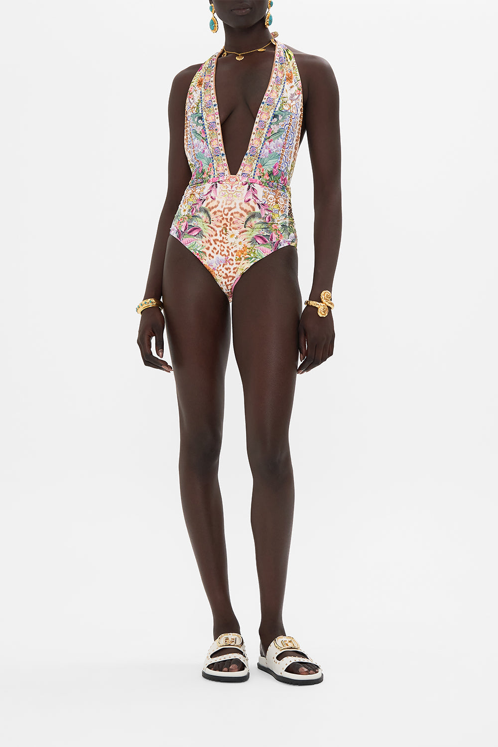Front view of model wearing CAMILLA resortwear floral onepiece swimsuit in Flowers Of Neptune print