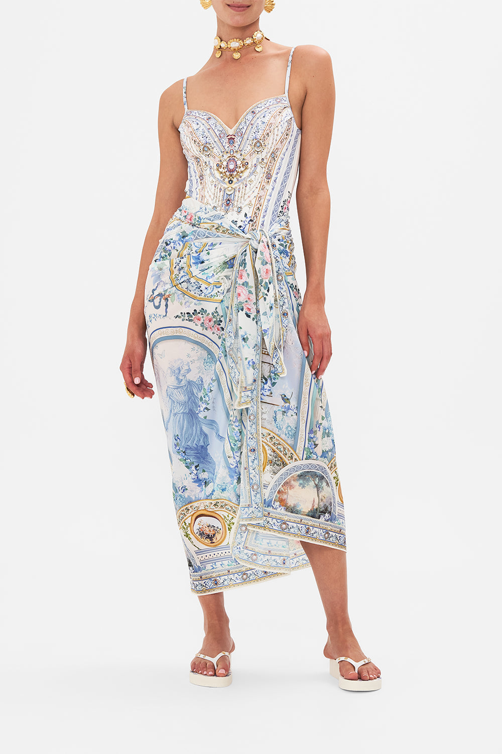 Front view of model waering CAMILLA long sarong in Season Of The Siren print