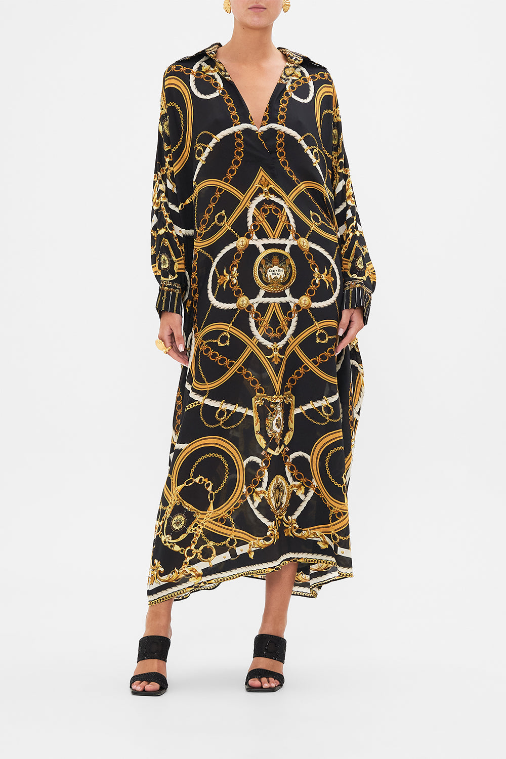 Front view of model wearing CAMILLA silk kaftan in Coast to Coast print