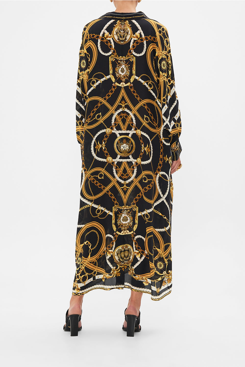 Back view of model wearing CAMILLA silk kaftan in Coast to Coast print