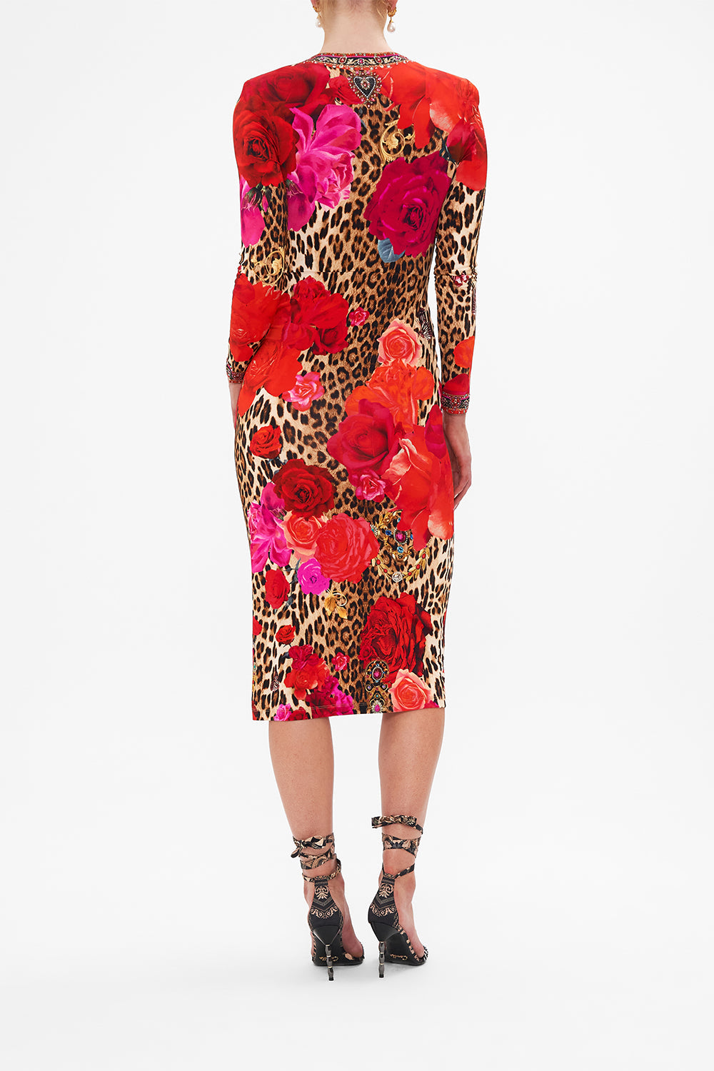 Back view of model wearing CAMILLA jersey dress in Heart Like A Wildflower print