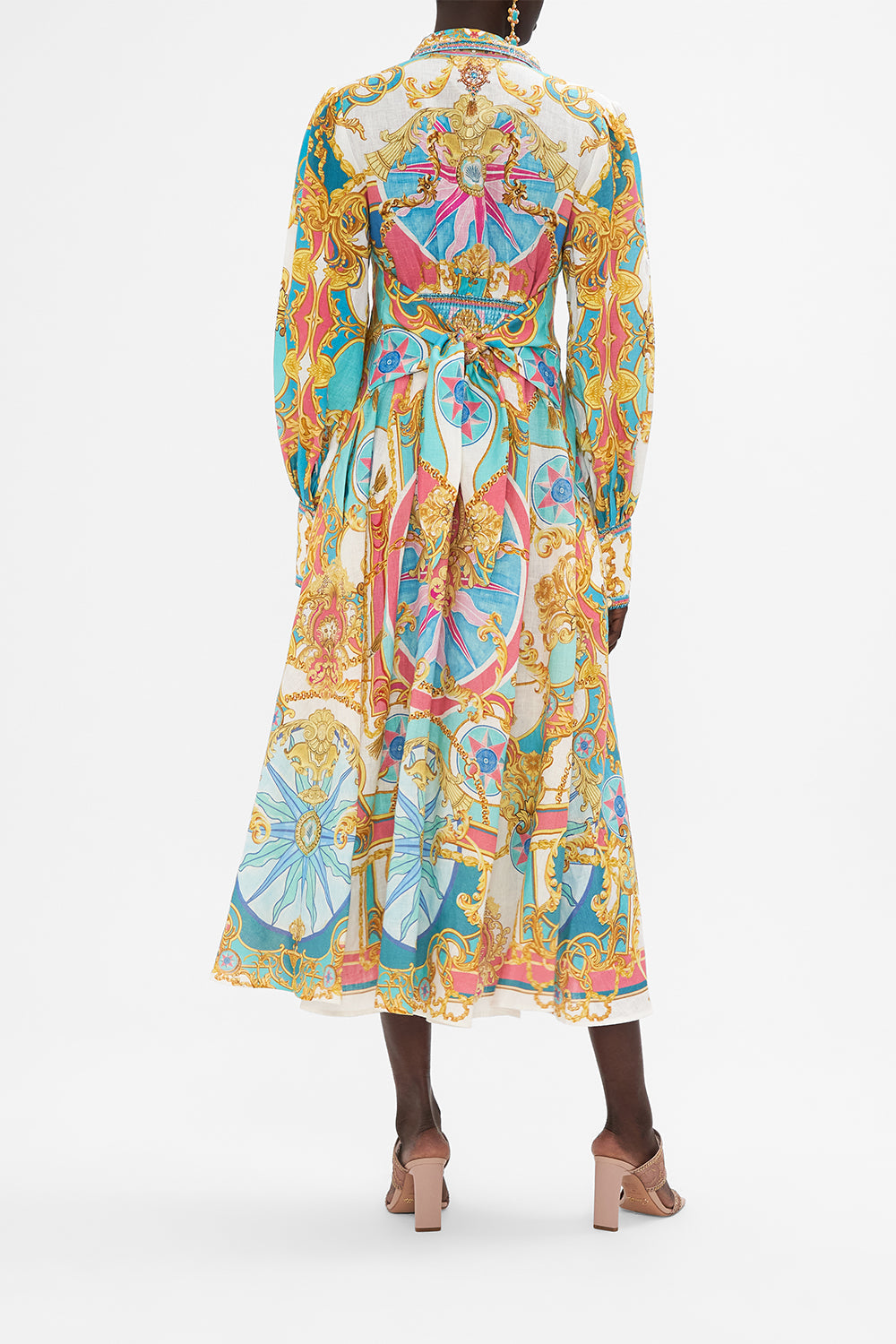 Back view of model wearing CAMILLA shirt dress in Sail Away With me print