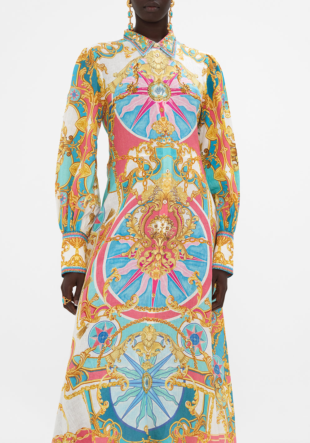 Detail view of model wearing CAMILLA shirt dress in Sail Away With me print