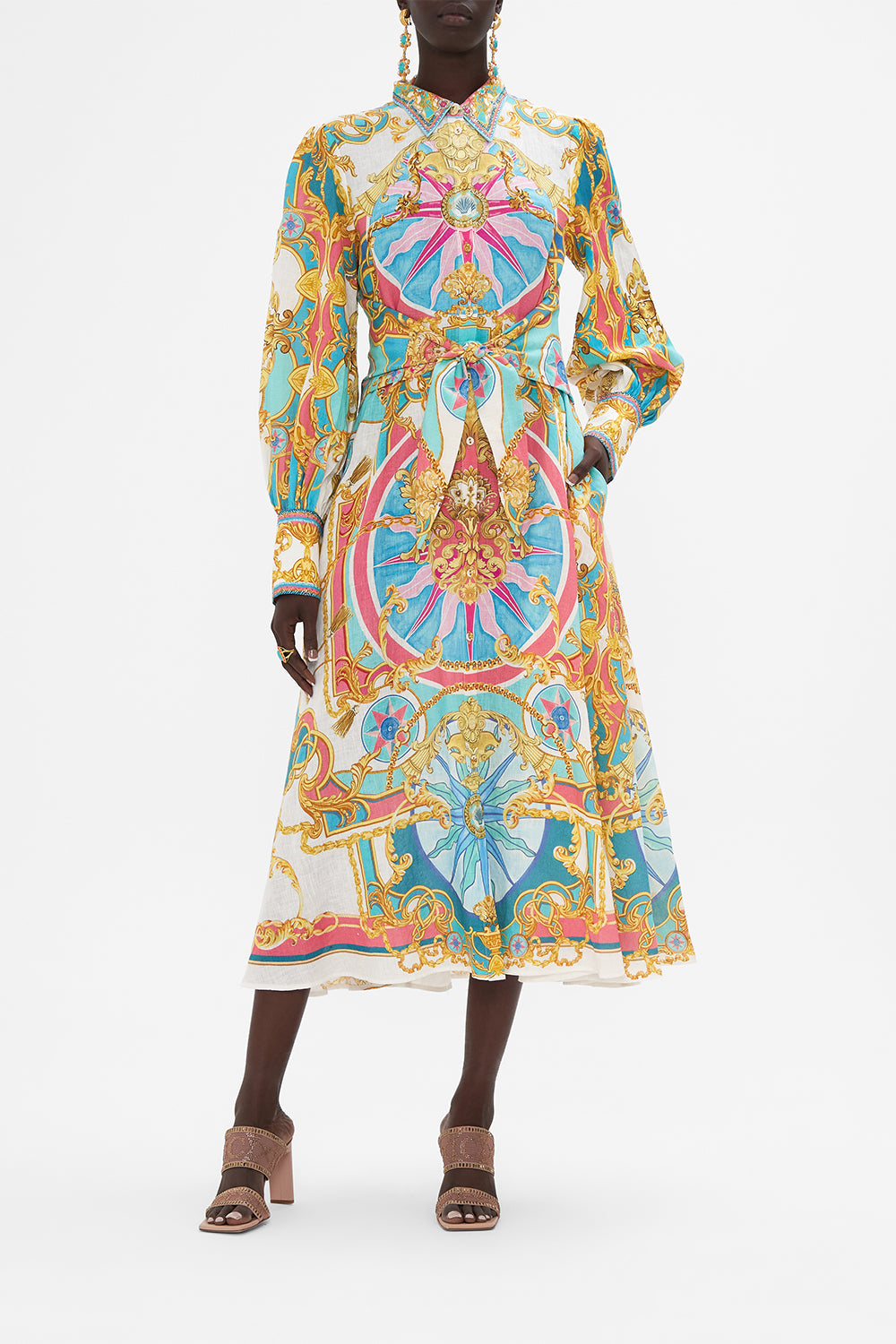 Crop view of model wearing CAMILLA shirt dress in Sail Away With me print