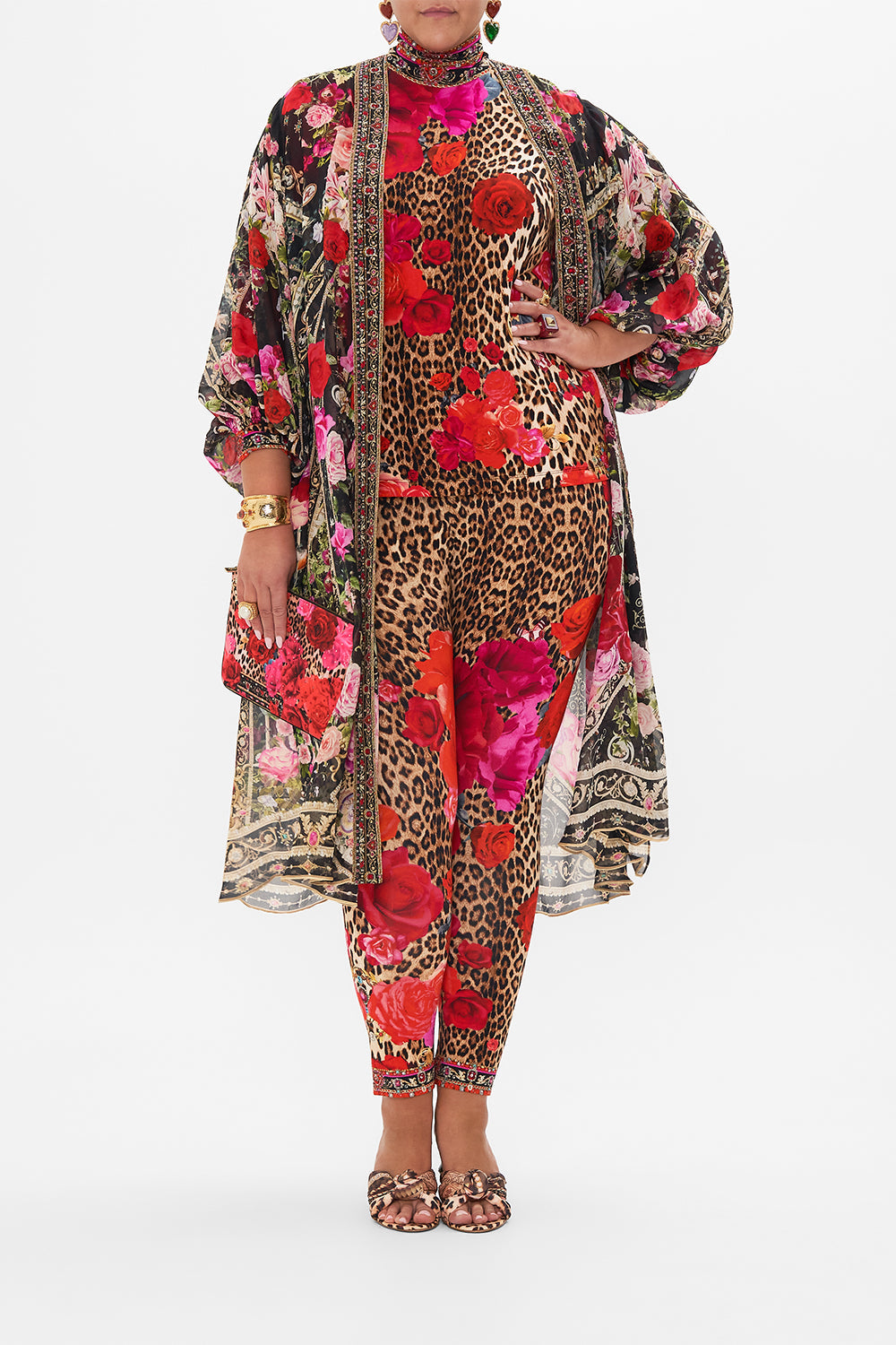 Front view of curvy model wearing CAMILLA plus size leopard print top in Heart Like A Wildflower print