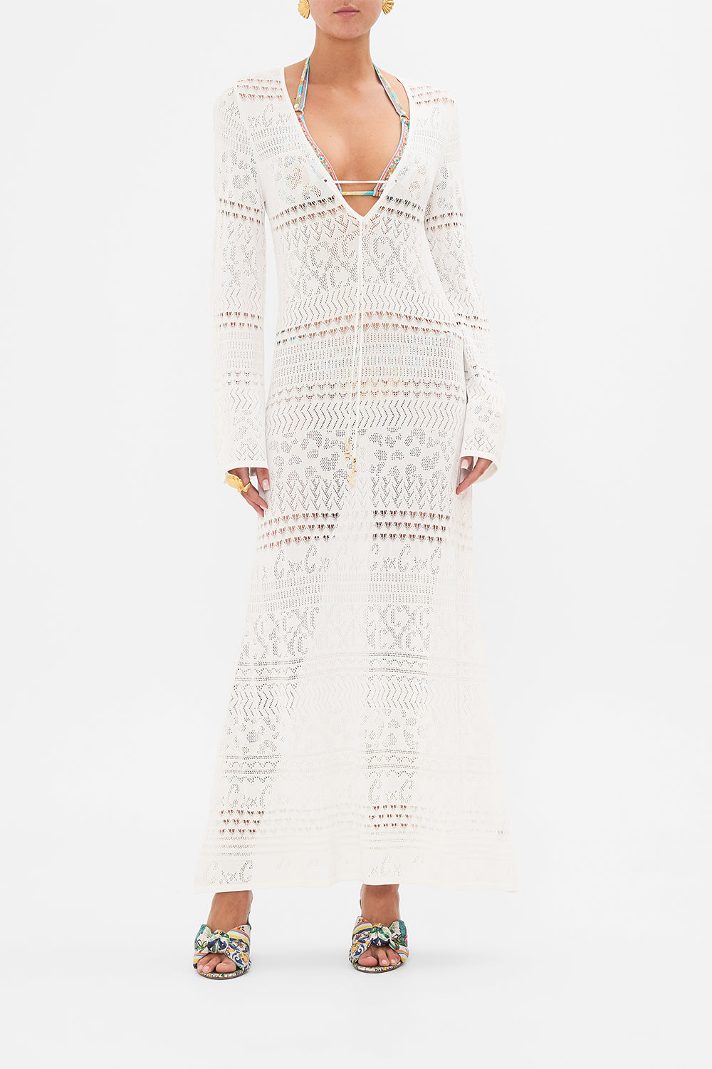 Front view of model wearing CAMILLA pointelle knit dress in Sea Charm