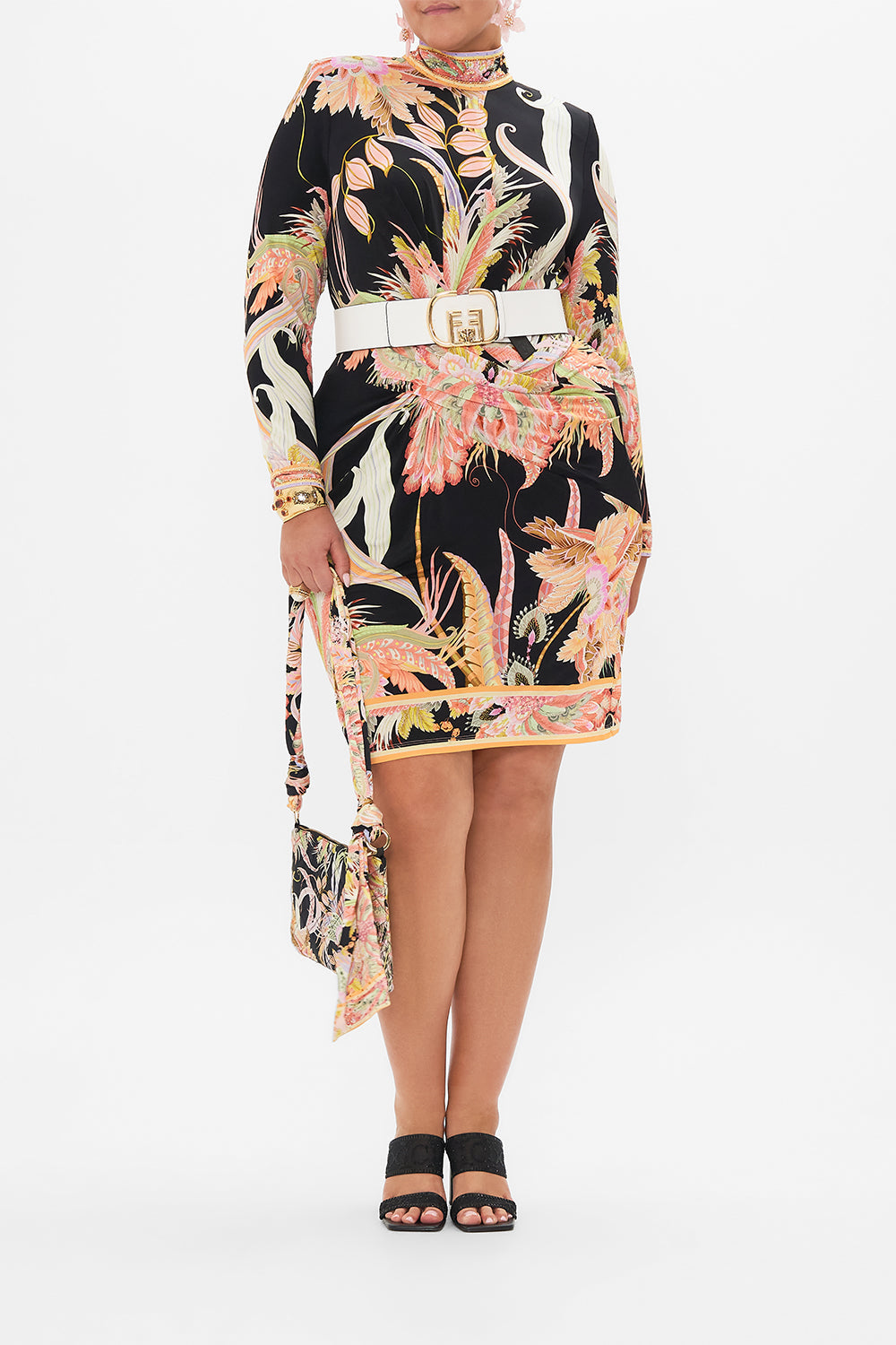 Front view of curvy model wearing CAMILLA plus size jersey dress in Lady Of The Moon Print