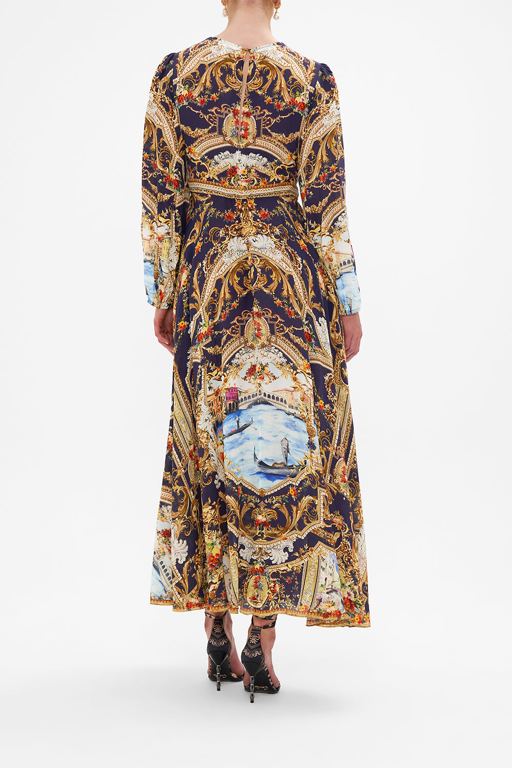 Back view of model wearing CAMILLA tie front dress in Venice Vignette print