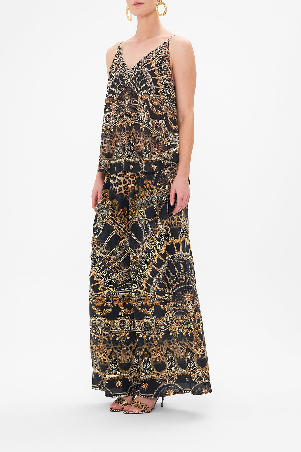 Side view of model wearing CAMILLA silk v neck cami in Masked at Moonlight print