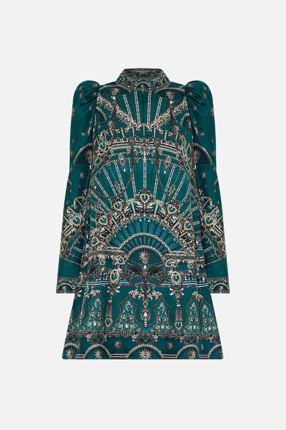 CAMILLA puff sleeve high neck mini green dress in A Venice Veil print