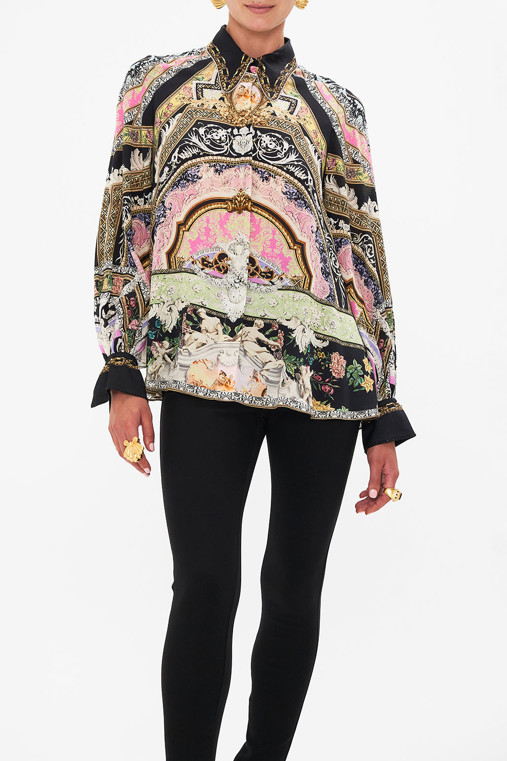 Crop view of model wearing CAMILLA silk blouse in Florence Field Day print