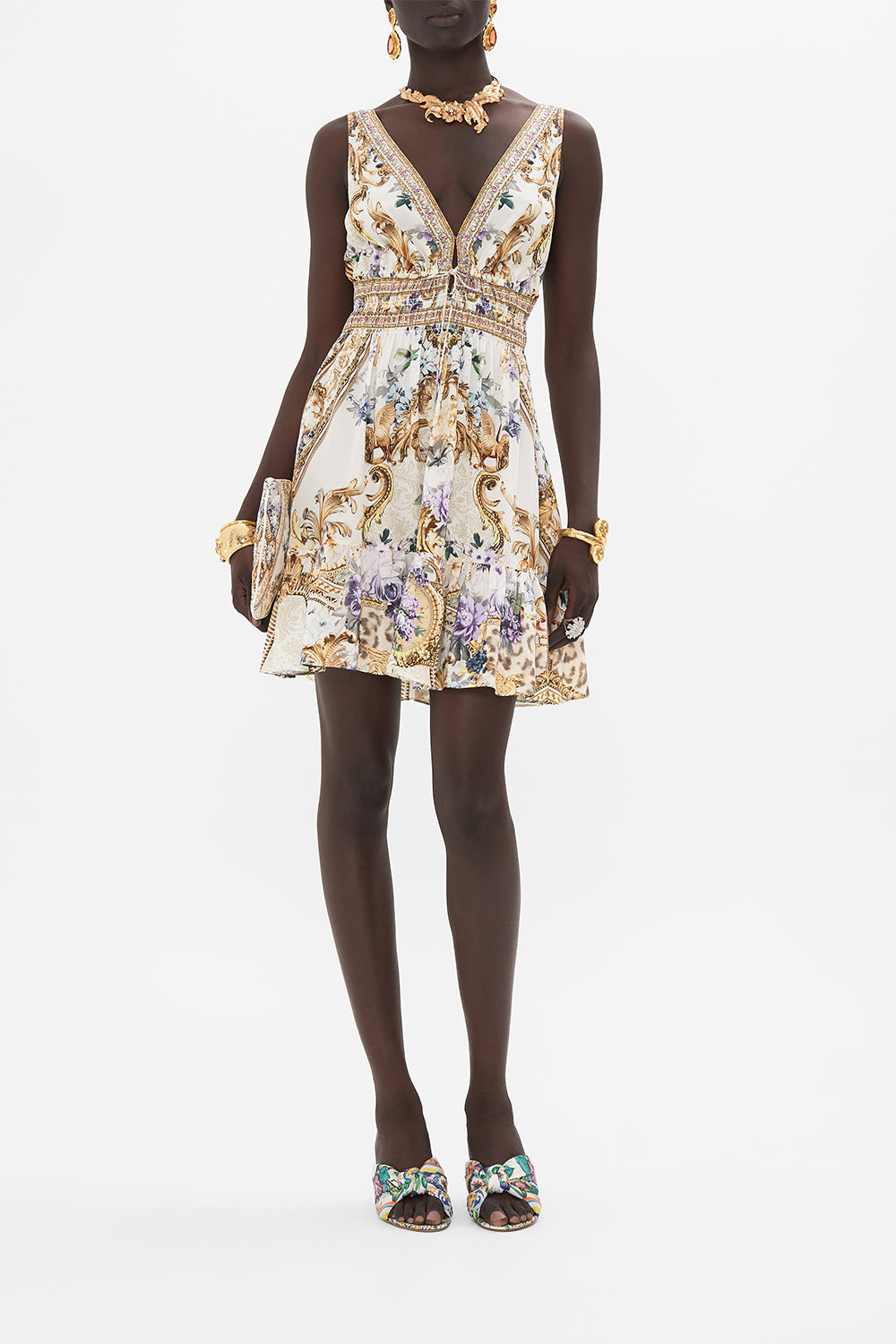 Front view of model wearing CAMILLA silk mini dress in Palazzo Playdate print