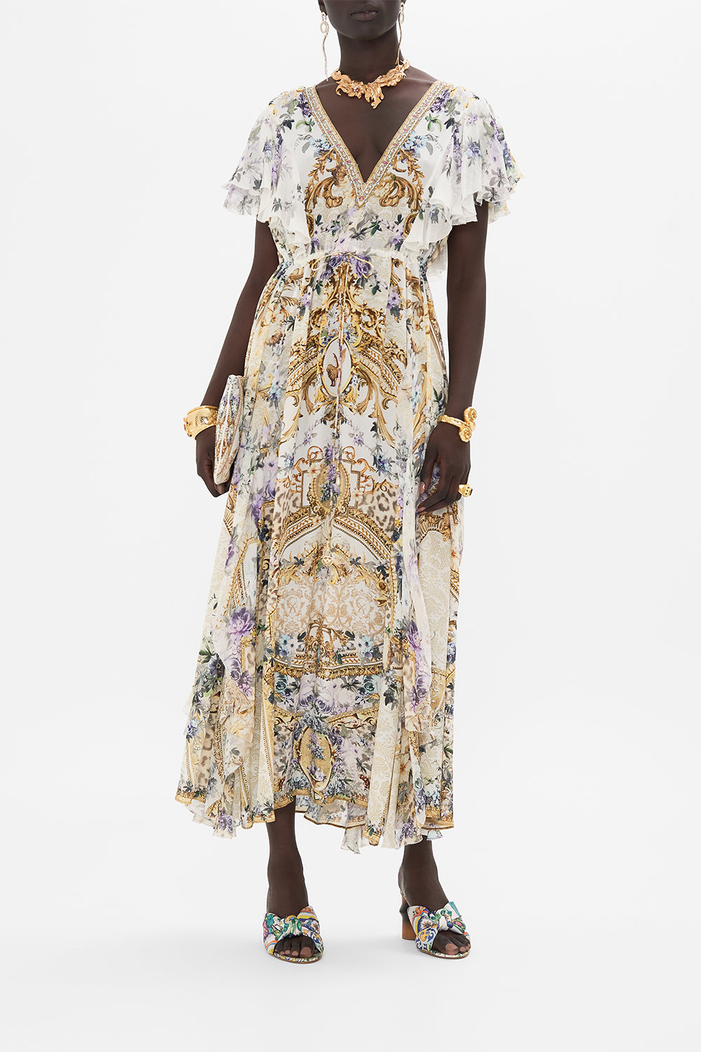 Front view of model wearing CAMILLA silk ruffle dress in Palazzo Play Date print