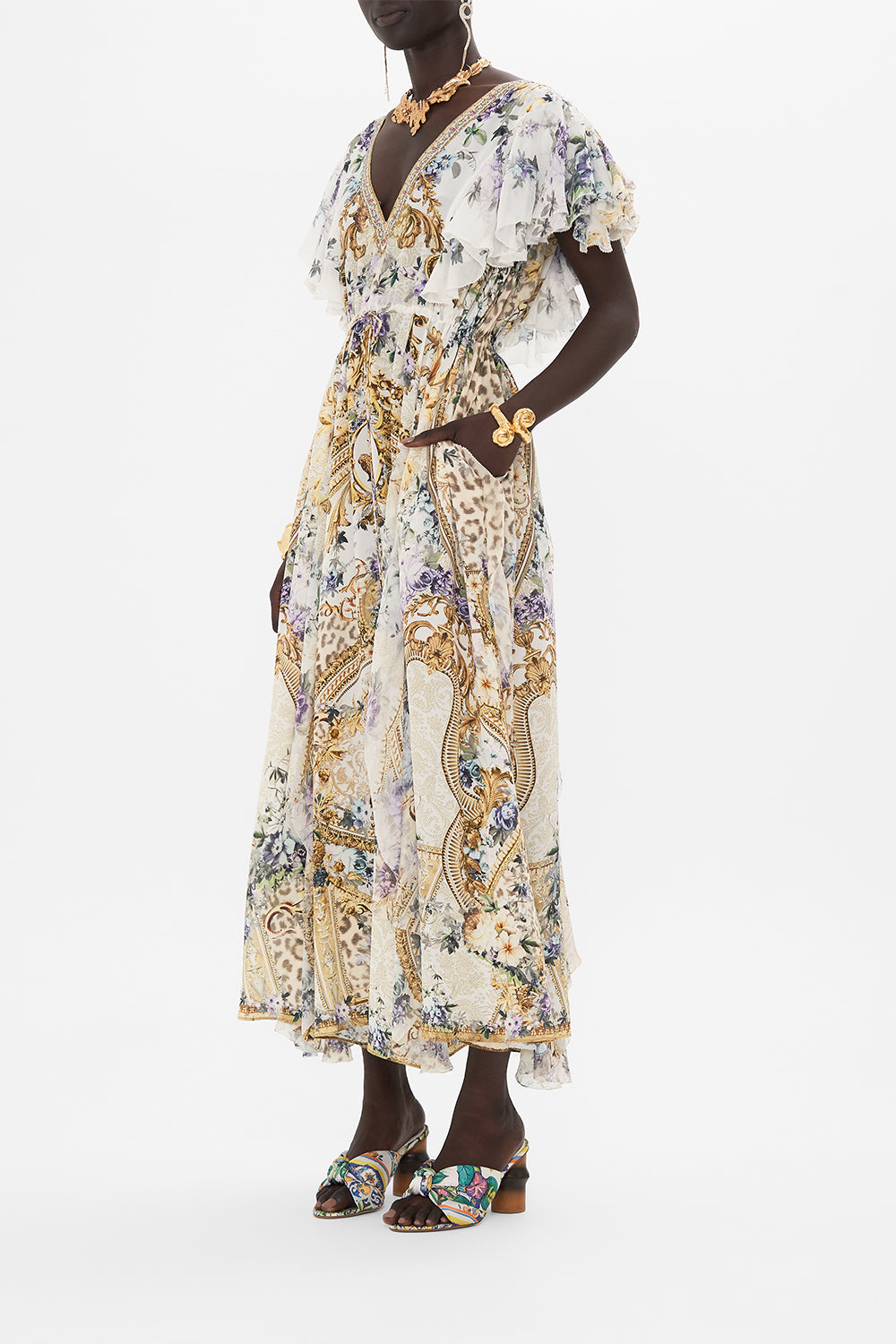 Side view of model wearing CAMILLA silk ruffle dress in Palazzo Play Date print