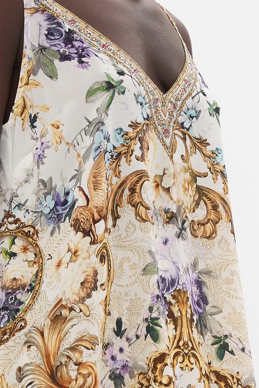 Detail view of model wearing CAMILLA silk cami in Palazzo Playdate print