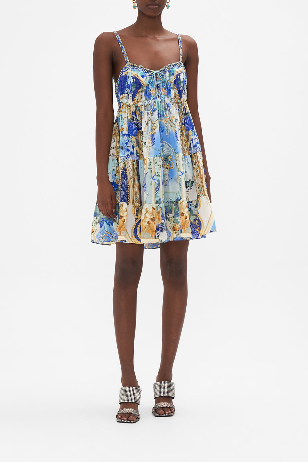 Front view of model wearing CAMILLA designer mini dress in Views Of Vesuvius Print