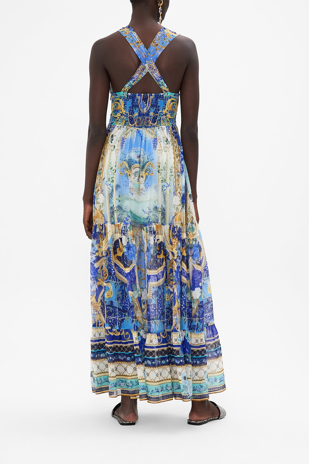 Back view of model wearing CAMILLA t back dress in Views Of Vesuvius print