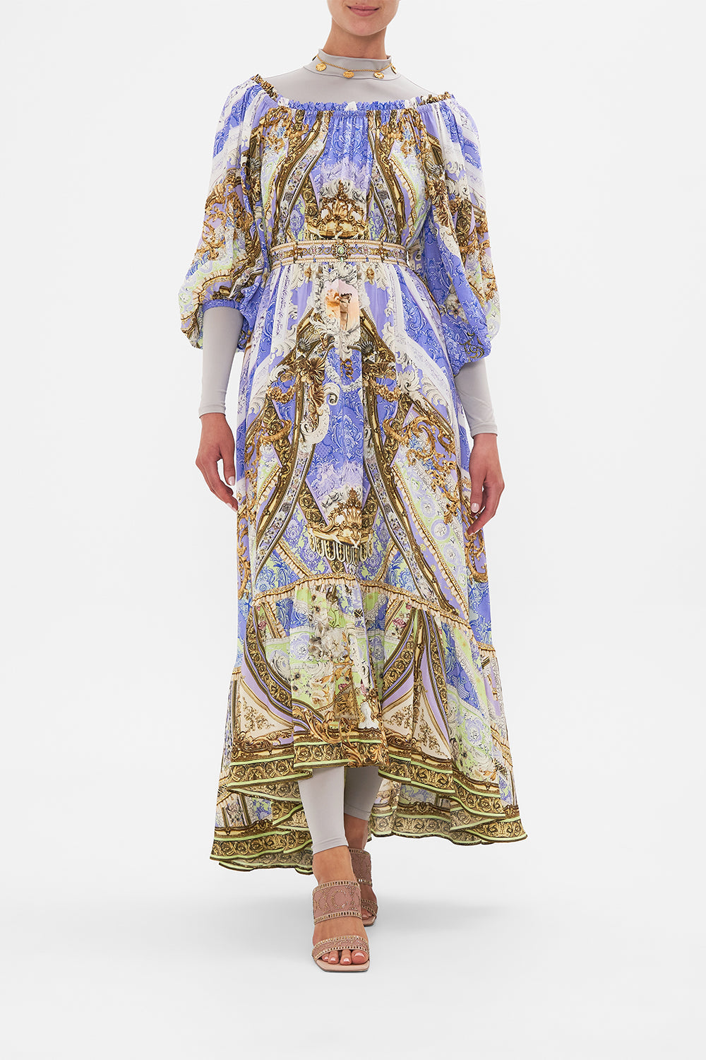 FRILL OFF THE SHOULDER LONG DRESS GILDED PLEASURES