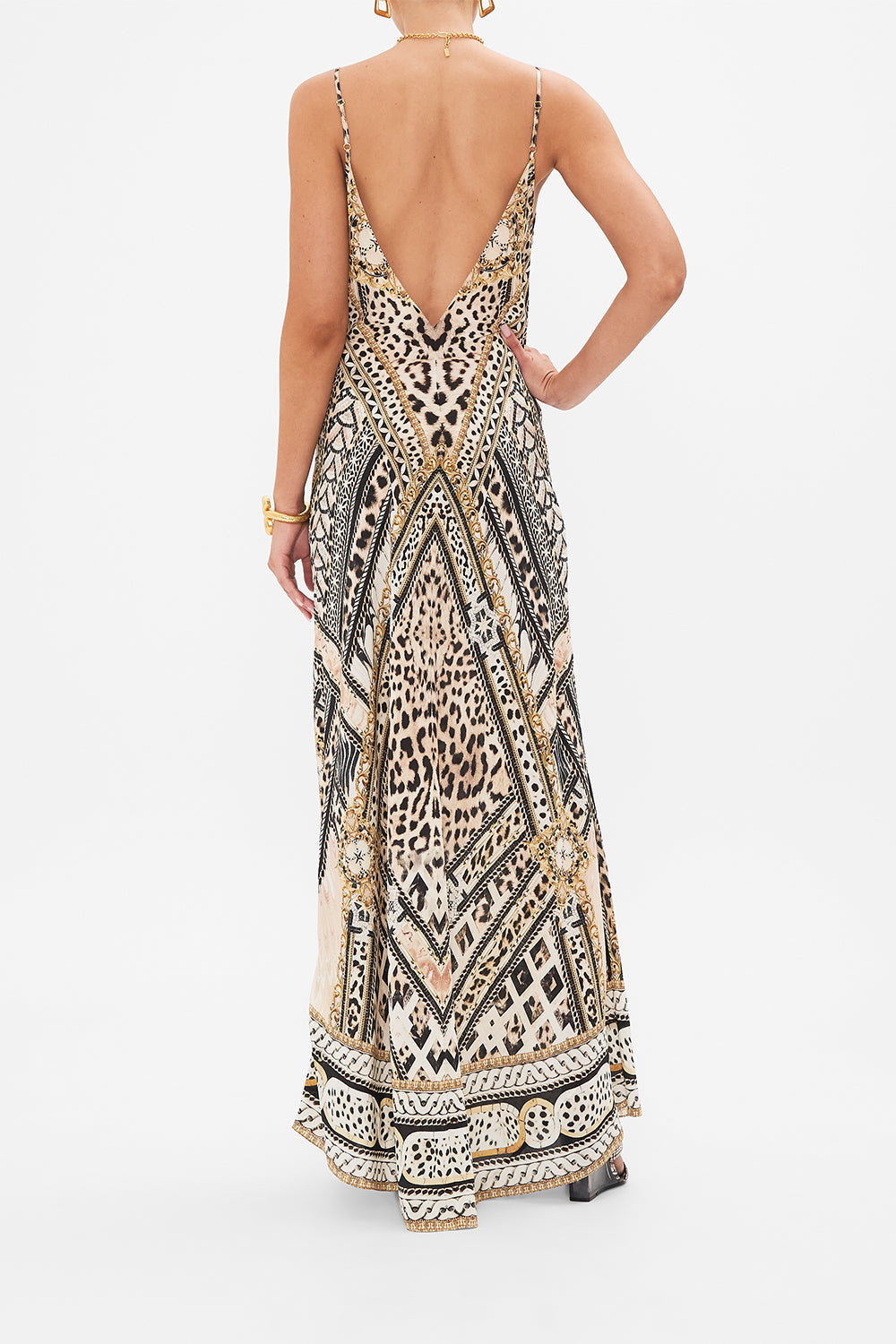 Back view of model wearing CAMILLA silk bias slip dress in Mosaic Muse print