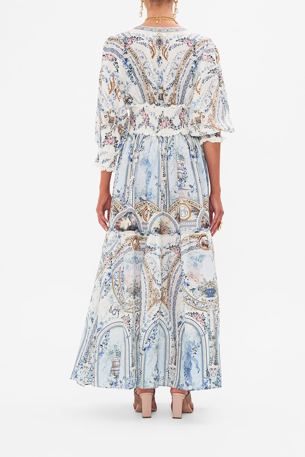 Back view of model wearing CAMILLA silk maxi dress in Season Of The Siren print