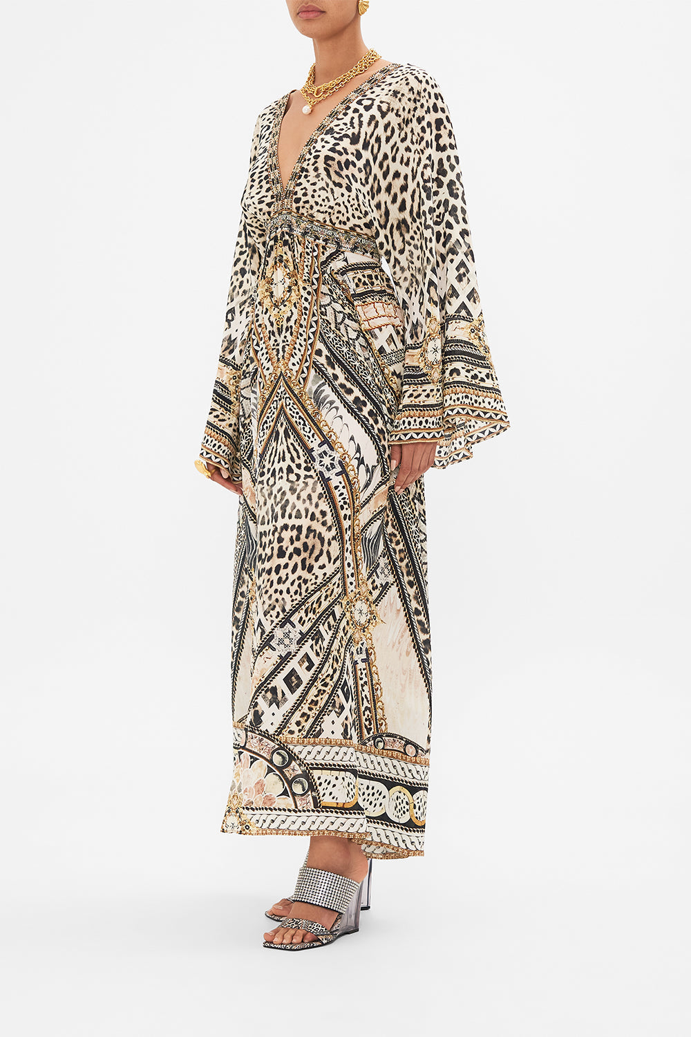 Side view of model wearing CAMILLA silk kimono dress in Mosiac Muse print